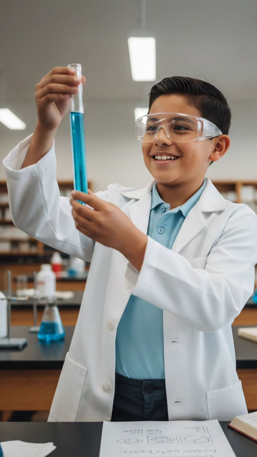 Niño observa tubo de ensayo con curiosidad